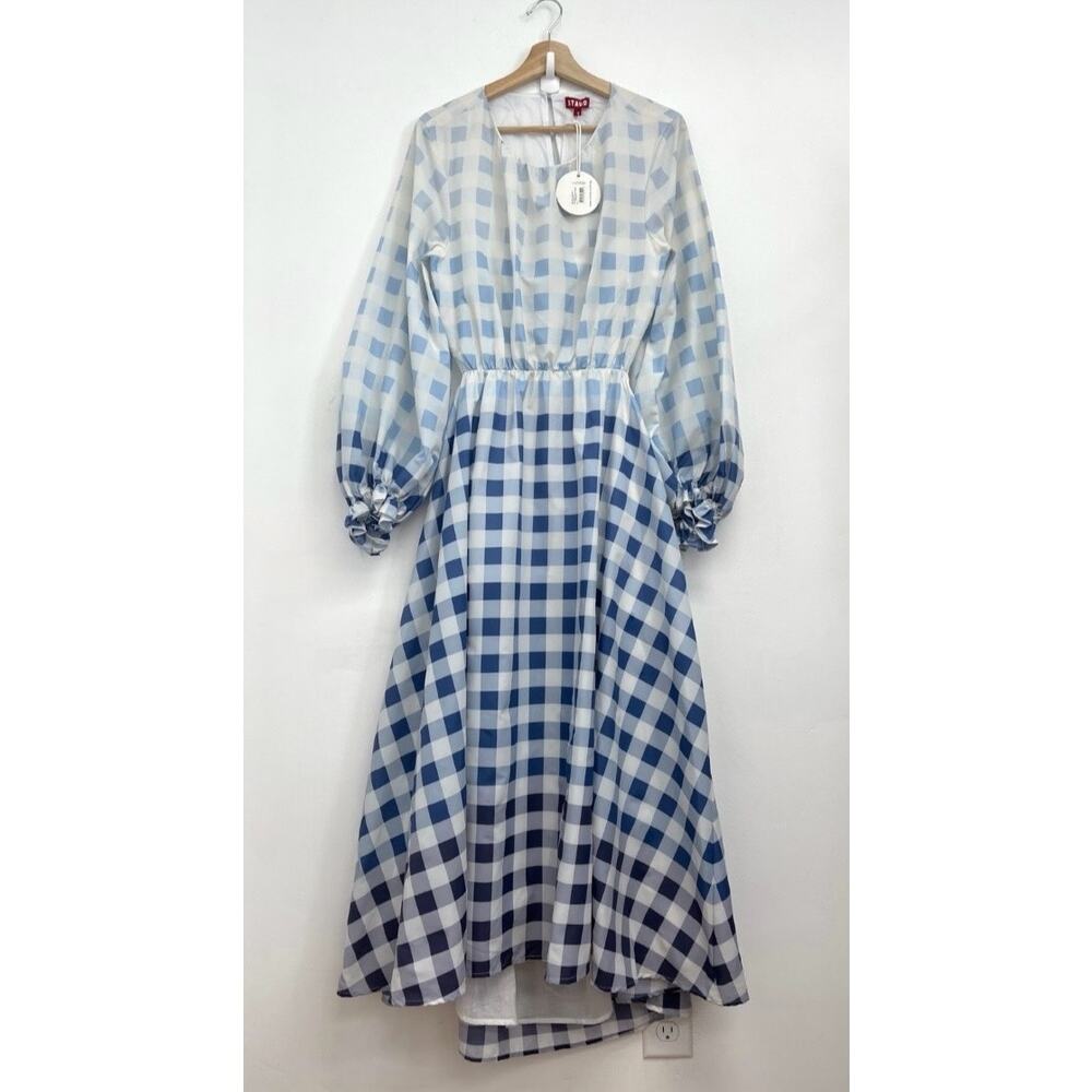 NWT Staud Blanche Midi Dress Blue Ombre Gingham Cut Out Open Back - Large - Picture 3 of 16